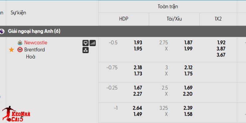 Tỷ lệ kèo Newcastle vs Brentford